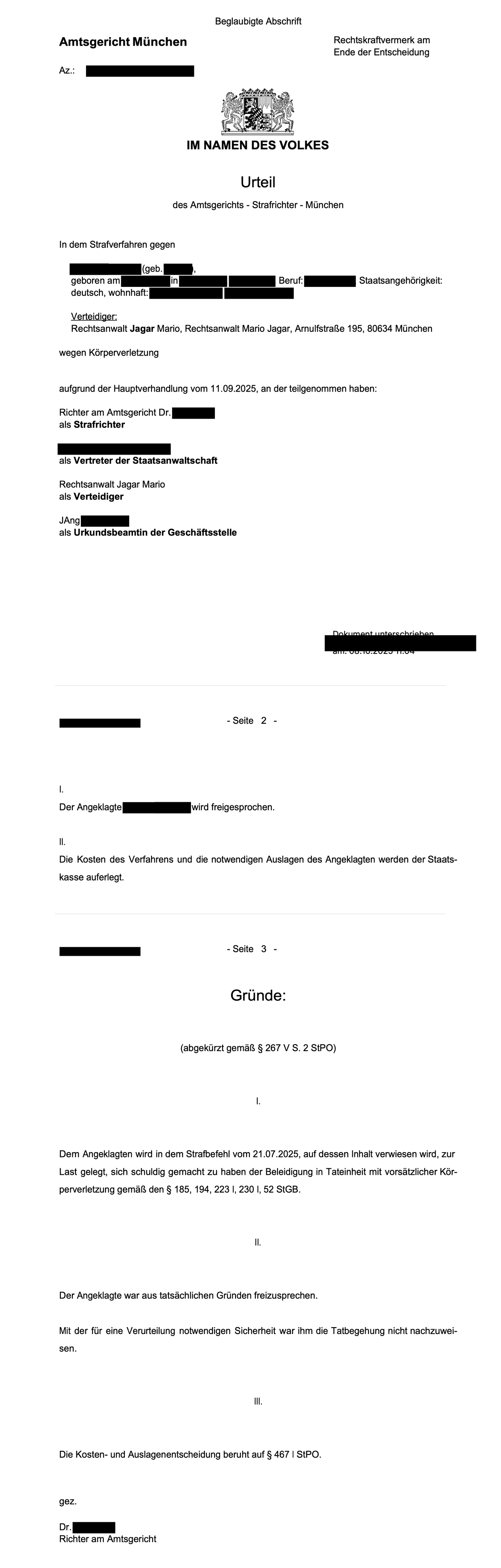 Urteil des Amtsgerichts München im Namen des Volkes, geschwärzt: Der Angeklagte wird freigesprochen.